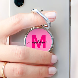 Girly Pink Modern Name Monogram Phone Ring Stand