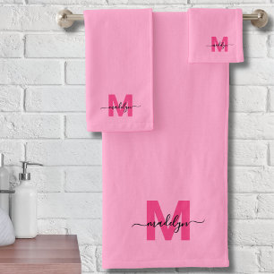 Girly Pink Modern Script Name Monogram Bath Towel Set