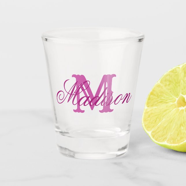 Girly pink monogram and name  shot glass (Front)