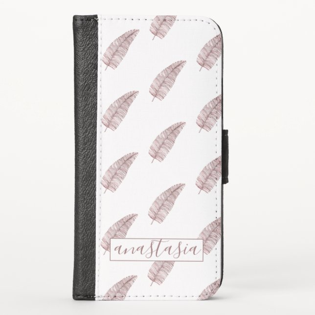 Girly Pink Monogram Feathers Pattern  iPhone Wallet Case (Front)
