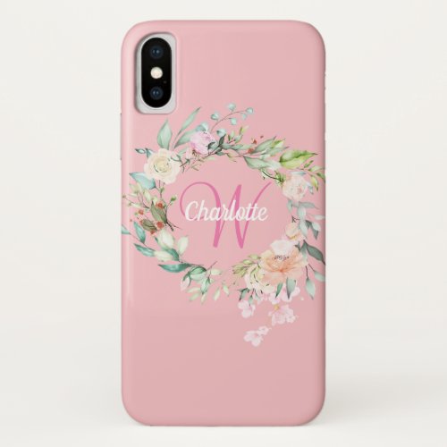 Girly Pink Monogram Initial Roses Floral iPhone X Case