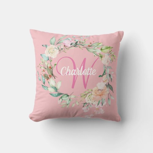 Girly Pink Monogram Initial Sweet Summer Roses Throw Pillow