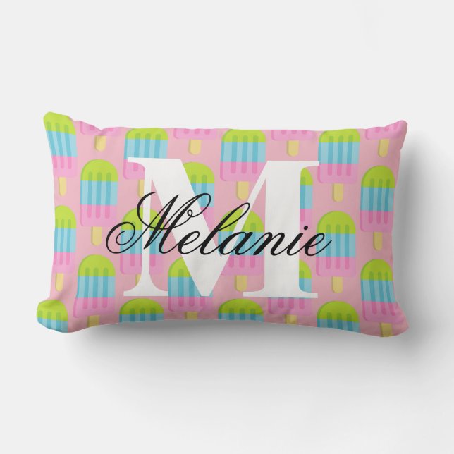 Girly pink monogram popsicle lumbar pillow cushion (Front)