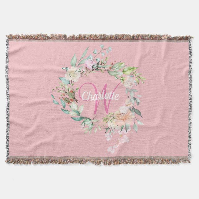 Girly Pink Monogram Script Initial Summer Roses Throw Blanket (Front)