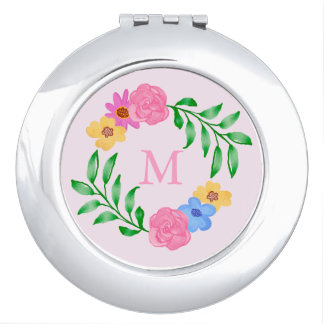 Girly Pink Monogram Watercolour Floral Wreath Compact Mirror