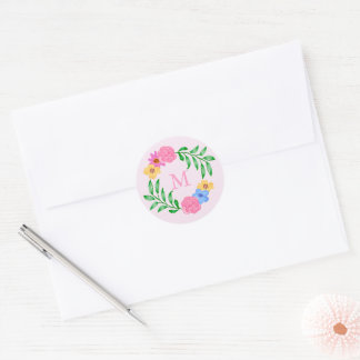 Girly Pink Monogram Watercolour Flower Wreath Classic Round Sticker