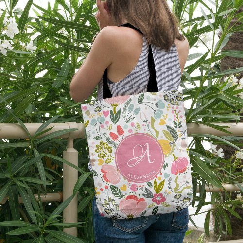 Girly pink monogrammed floral tote bag