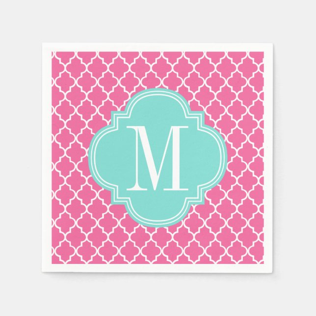 Girly Pink Moroccan Tiles Lattice Personalized Paper Napkins (Front)