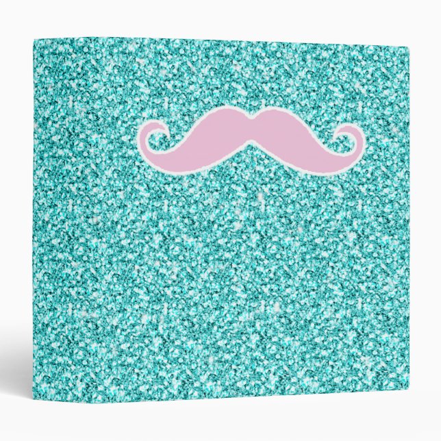 GIRLY PINK MUSTACHE ON TEAL GLITTER EFFECT BINDER (Front/Spine)