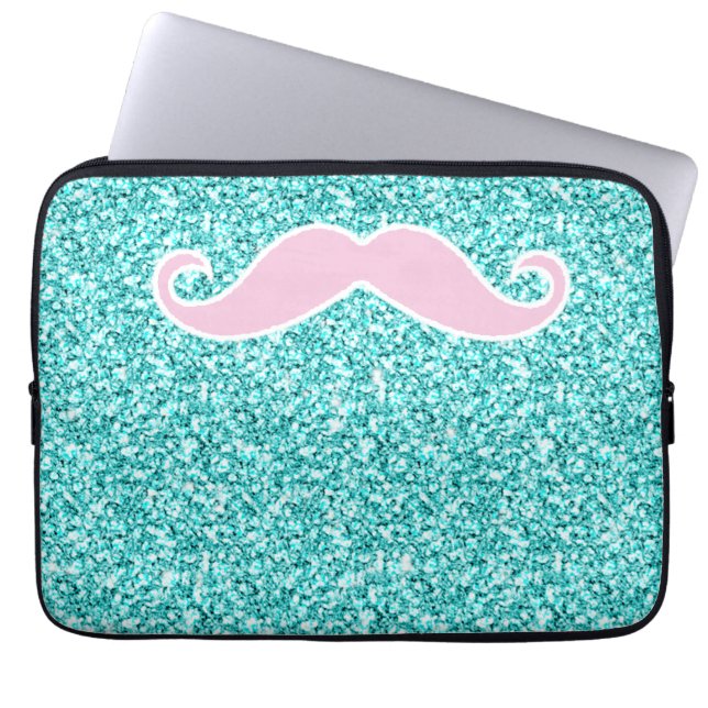 GIRLY PINK MUSTACHE ON TEAL GLITTER EFFECT LAPTOP SLEEVE (Front)