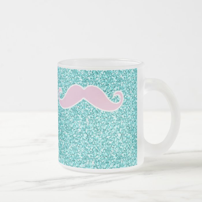 GIRLY PINK MUSTACHE ON TEAL GLITTER EFFECT MUGS