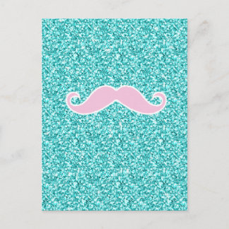 GIRLY PINK MUSTACHE ON TEAL GLITTER EFFECT POSTCARD