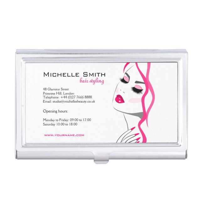 Girly Pink Nail Salon Hair Stylist Makeup Artist Business Card Holder (Front)