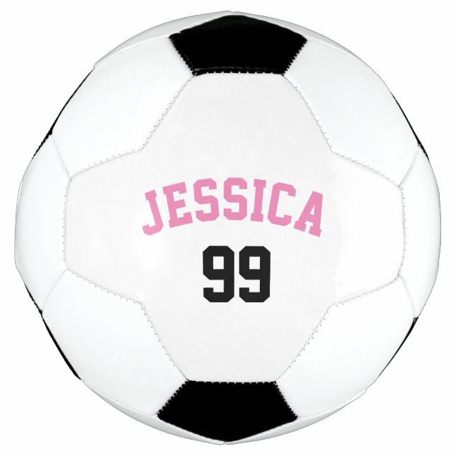 Girly Pink Name Black Number Minimalistic Soccer Ball (Front)
