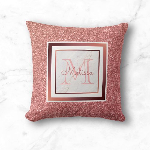 Girly Pink Name Monogram Rose Gold Glitter Throw Pillow