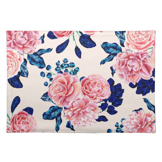 Girly Pink Navy Blue Country Painted Flowers Cloth Placemat (Front)