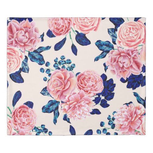 Girly Pink Navy Blue Country Painted Flowers Duvet Cover