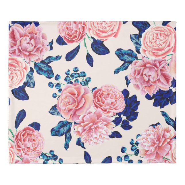 Girly Pink Navy Blue Country Painted Flowers Duvet Cover (Front)