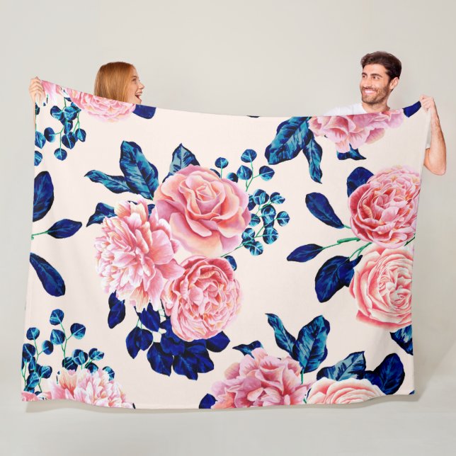 Girly Pink Navy Blue Country Painted Flowers Fleece Blanket (In Situ)