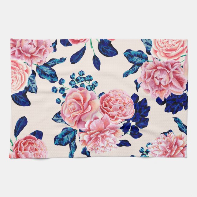 Girly Pink Navy Blue Country Painted Flowers Kitchen Towel (Horizontal)