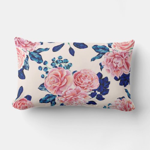 Girly Pink Navy Blue Country Painted Flowers Lumbar Pillow