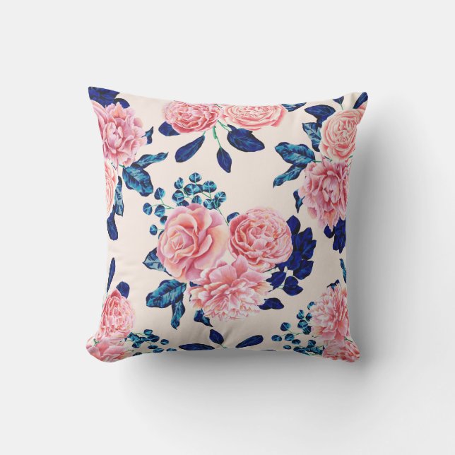 Girly Pink Navy Blue Country Painted Flowers Outdoor Pillow (Front)