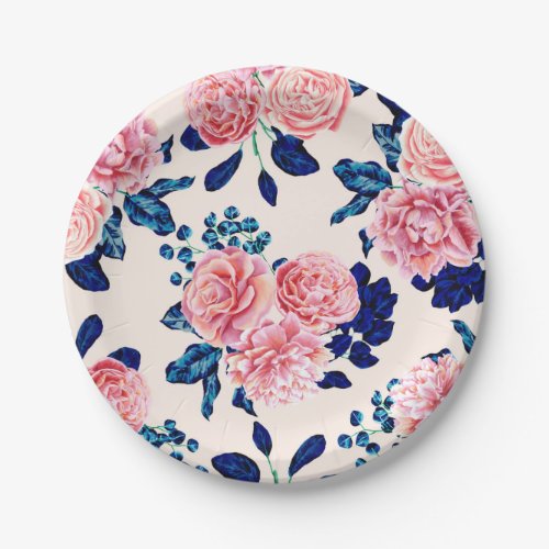 Girly Pink Navy Blue Country Painted Flowers Paper Plates