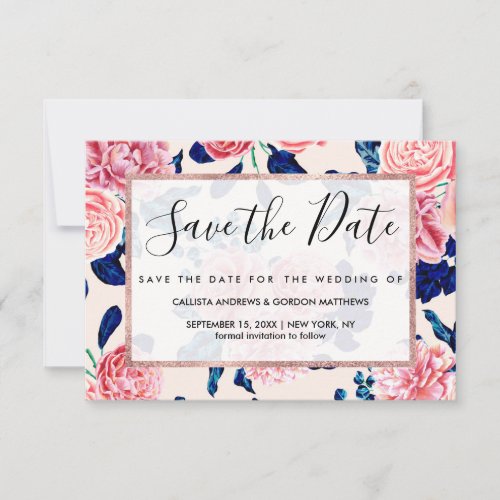 Girly Pink Navy Blue Country Painted Flowers Save The Date