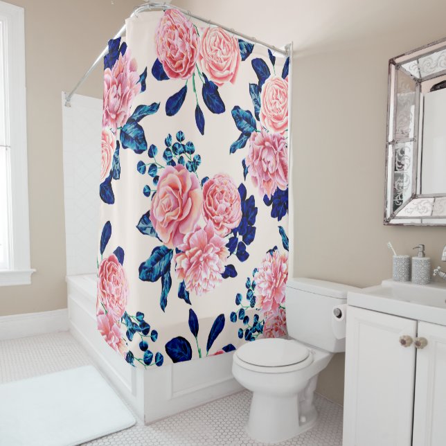 Girly Pink Navy Blue Country Painted Flowers Shower Curtain (In Situ)