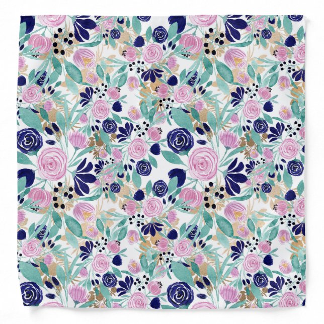 Girly Pink Navy Blue Gold Watercolor Flowers Bandana (Front)