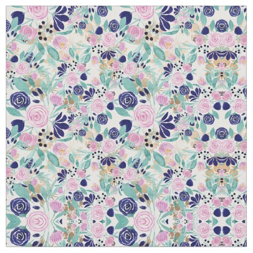 Girly Pink Navy Blue Gold Watercolor Flowers Fabric