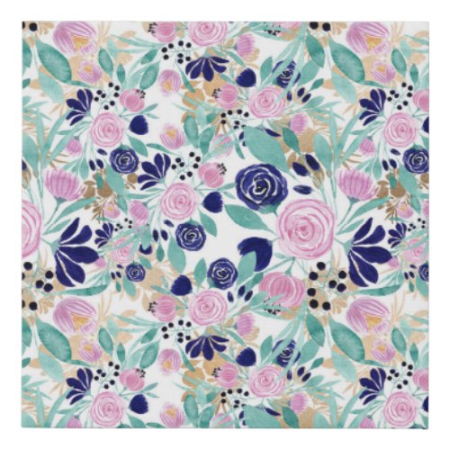 Girly Pink Navy Blue Gold Watercolor Flowers Faux Canvas Print