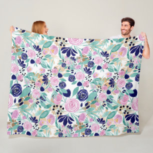 Girly Pink Navy Blue Gold Watercolor Flowers Fleece Blanket