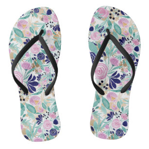 Girly Pink Navy Blue Gold Watercolor Flowers Flip Flops