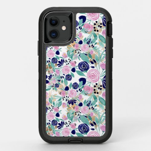 Girly Pink Navy Blue Gold Watercolor Flowers OtterBox Defender iPhone 11 Case