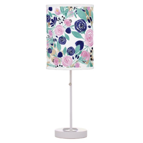 Girly Pink Navy Blue Gold Watercolor Flowers Table Lamp