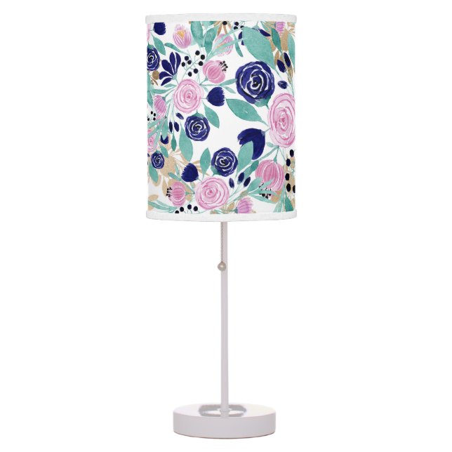 Girly Pink Navy Blue Gold Watercolor Flowers Table Lamp (Front)