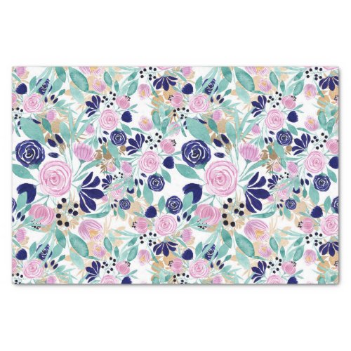 Girly Pink Navy Blue Gold Watercolor Flowers Tissue Paper