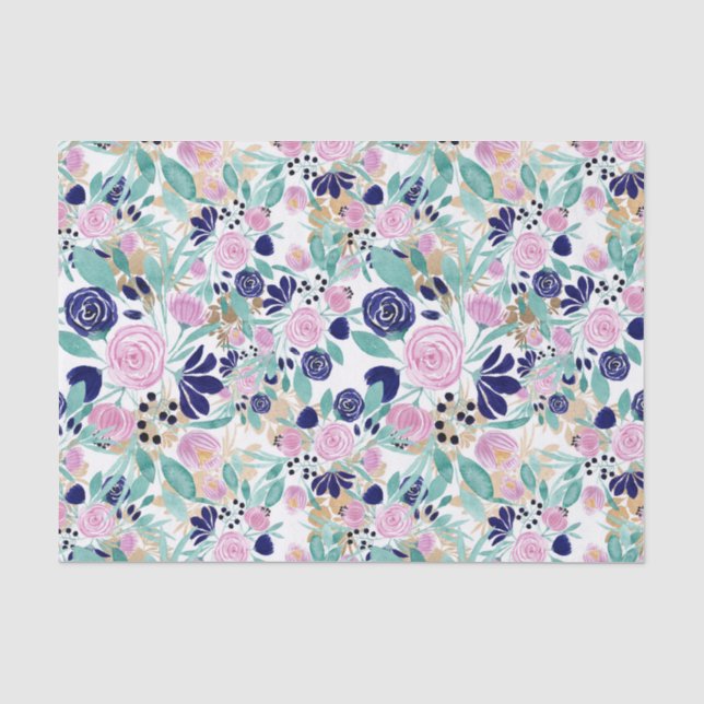 Girly Pink Navy Blue Gold Watercolor Flowers Tissue Paper (Front)