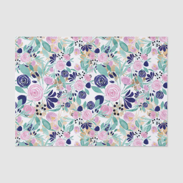 Girly Pink Navy Blue Gold Watercolor Flowers Tissue Paper | Zazzle