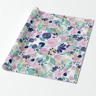 Girly Pink Navy Blue Gold Watercolor Flowers Wrapping Paper