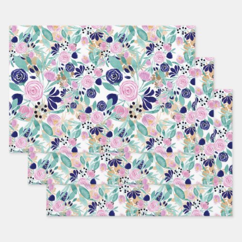 Girly Pink Navy Blue Gold Watercolor Flowers Wrapping Paper Sheets