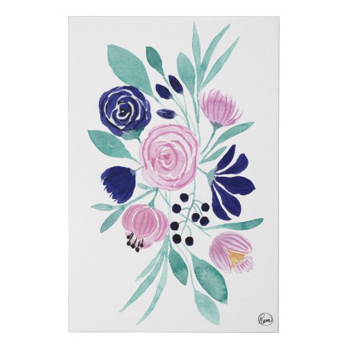 Girly Pink Navy Blue Watercolor Flowers Art Faux Canvas Print