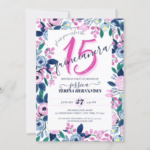 Girly Pink Navy Flowers Watercolor Quinceaera Invitation