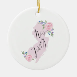 Girly Pink NJ Watercolor State Map Ceramic Ornament