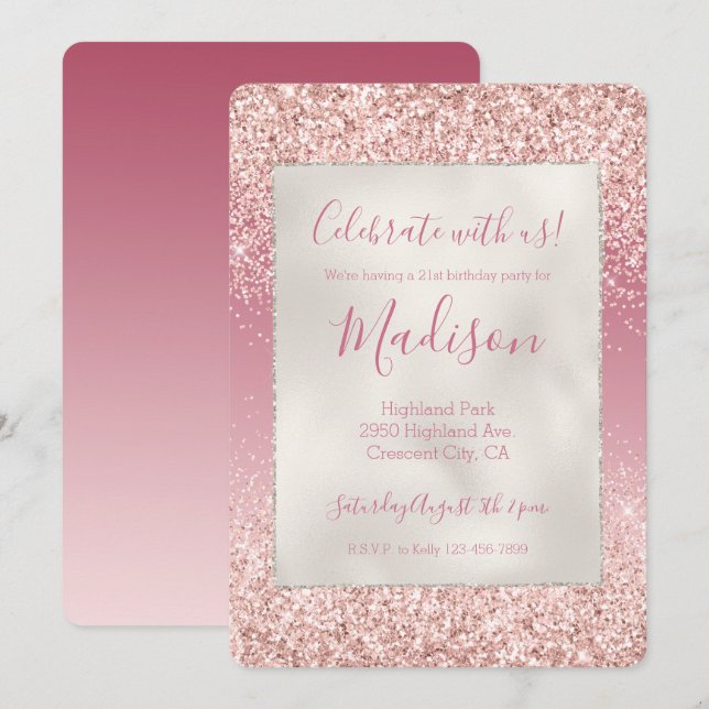 Girly Pink Ombre Glitter Invitation (Front/Back)