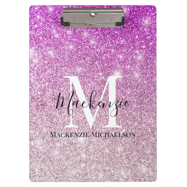 Girly Pink Ombre Glitter Monogram Name  Clipboard (Front)
