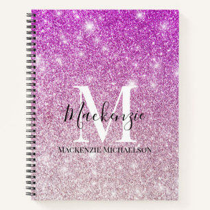Girly Pink Ombre Glitter Monogram Name Notebook