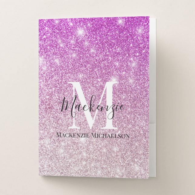 Girly Pink Ombre Glitter Monogram Name  Pocket Folder (Front)