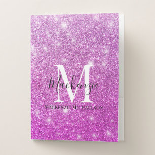 Girly Pink Ombre Glitter Monogram Name Pocket Folder